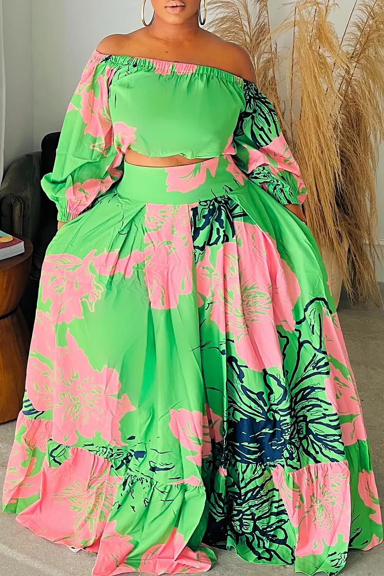 Plus Size Vacation Green Graphic Off The Shoulder Sundress 3/4 Sleeve Two Piece Skirt Sets [Pre-Order]