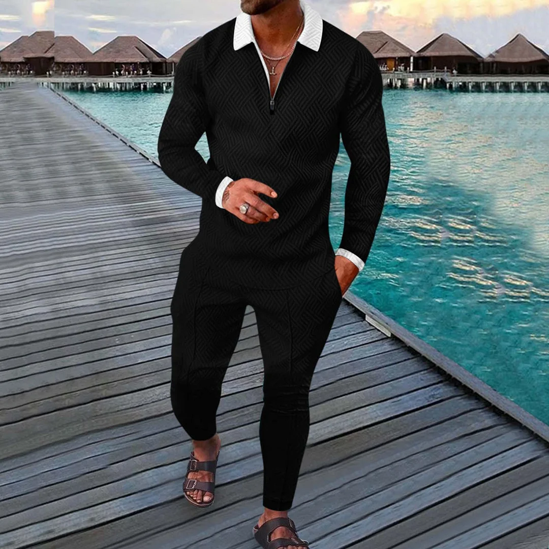 Men's Paneled Long Sleeve Polo Shirt And Pants Two Piece Set