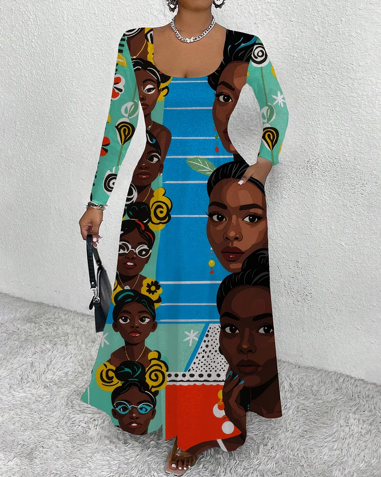 Hawaii Black Girl Flowers Round Neck Long Sleeve Maxi Dress