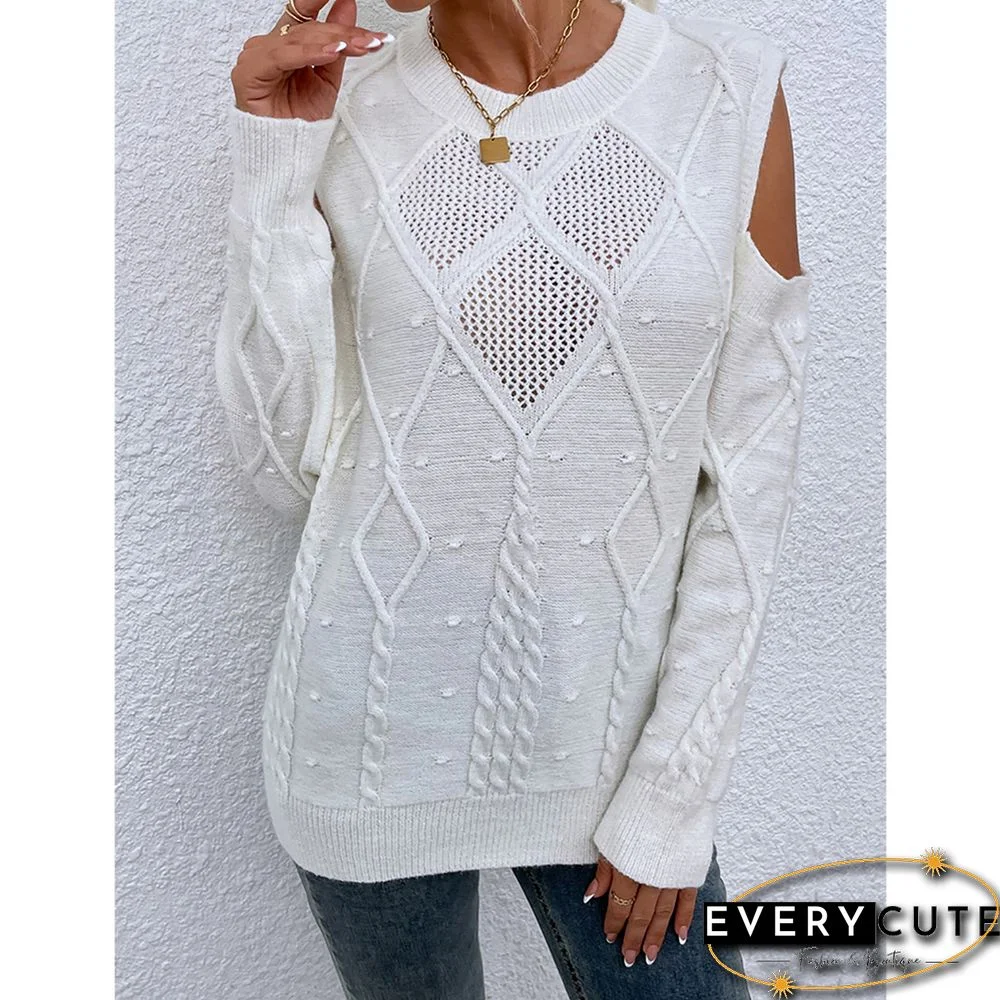 White Hollow Out Knitted Cold Shoulder Sweater