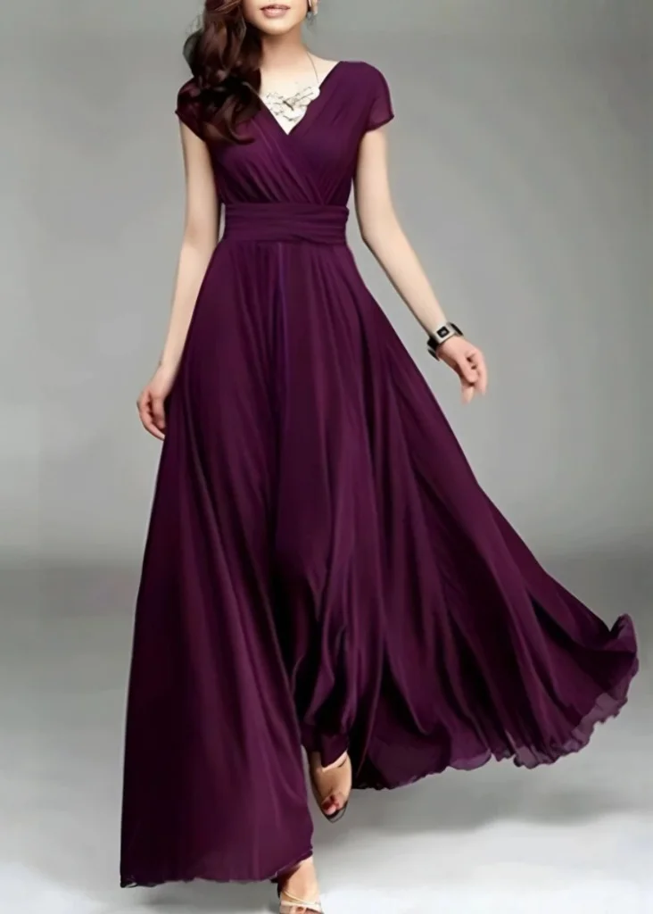 Unique Mulberry V Neck Chiffon Long Dresses Summer