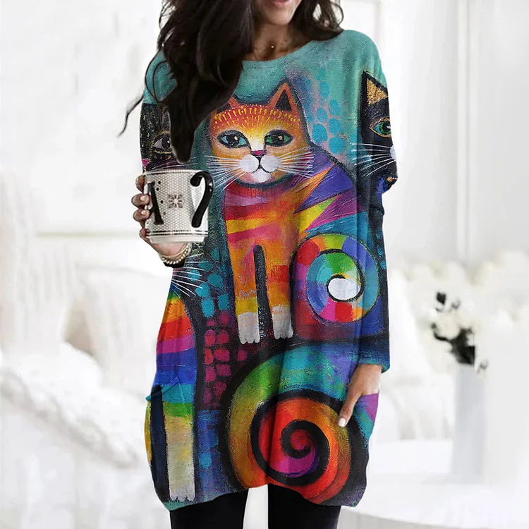 Wearshes Cat Print Casual Long Sleeve Pocket Tunic