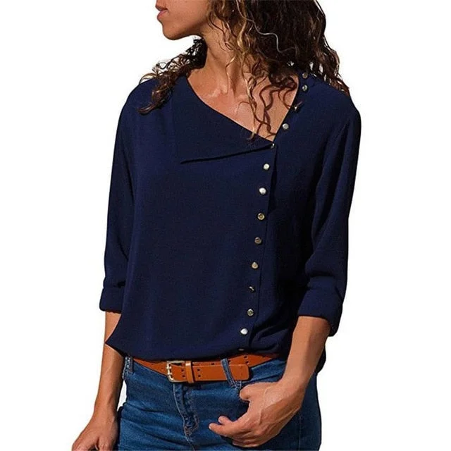Women Tops And Blouses Fashion Long Sleeve Skew Collar Chiffon Blouse Casual Tops Plus Size Elegent Work Wear Shirt