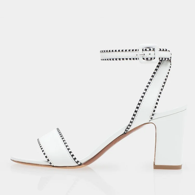 Black and White Open Toe Chunky Heel Ankle Strap Sandals Vdcoo