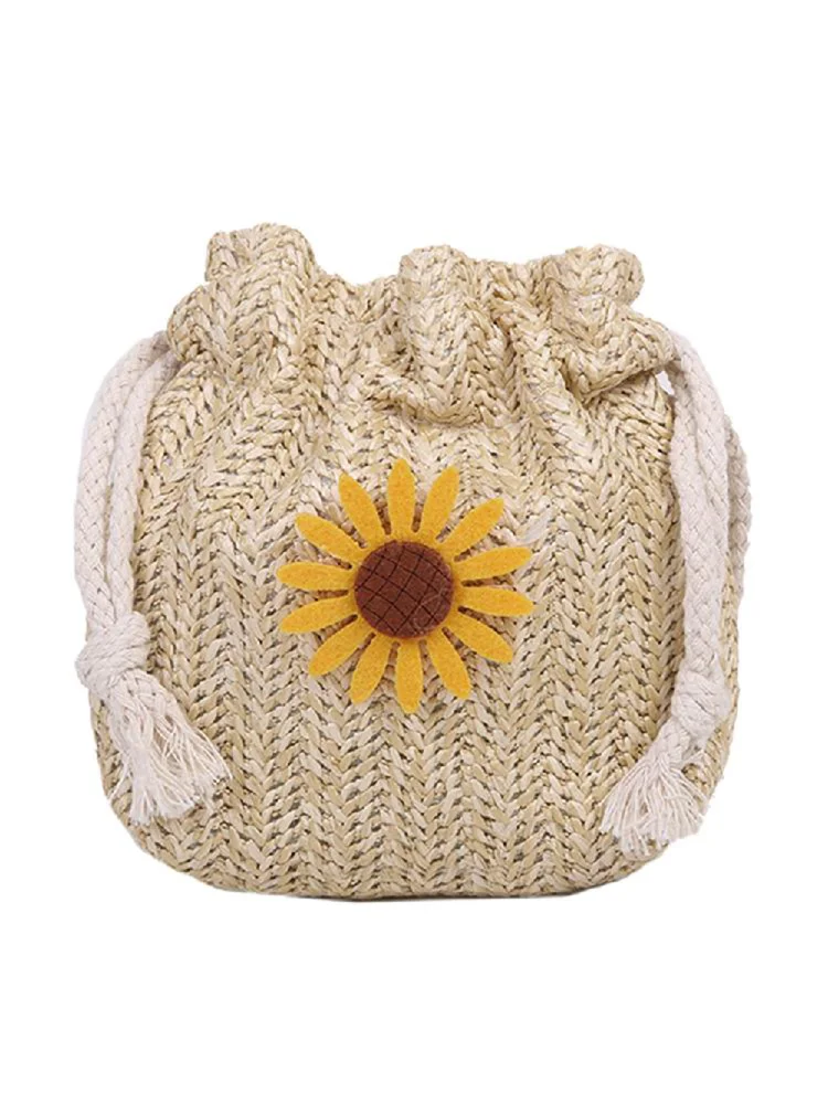 Women Drawstring Shoulder Bag Sunflower Straw Small Woven Crossbody Handbag