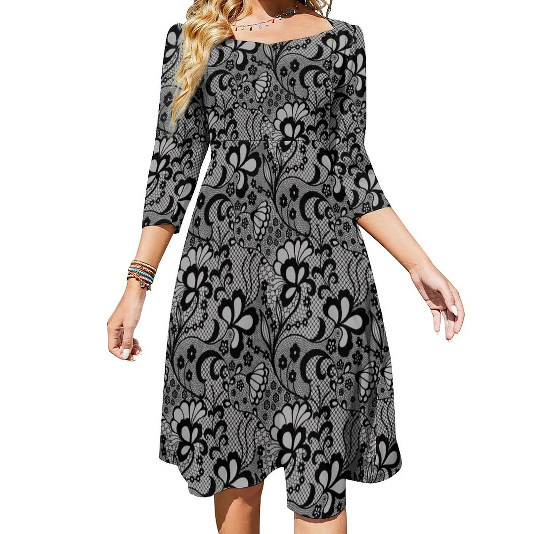 Black French Lace Dress Sweetheart Tie Back Flared 3/4 Sleeve Midi Dresses