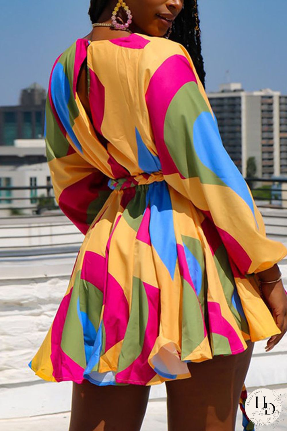 Yellow Sexy Print With Belt V Neck A Line Plus Size