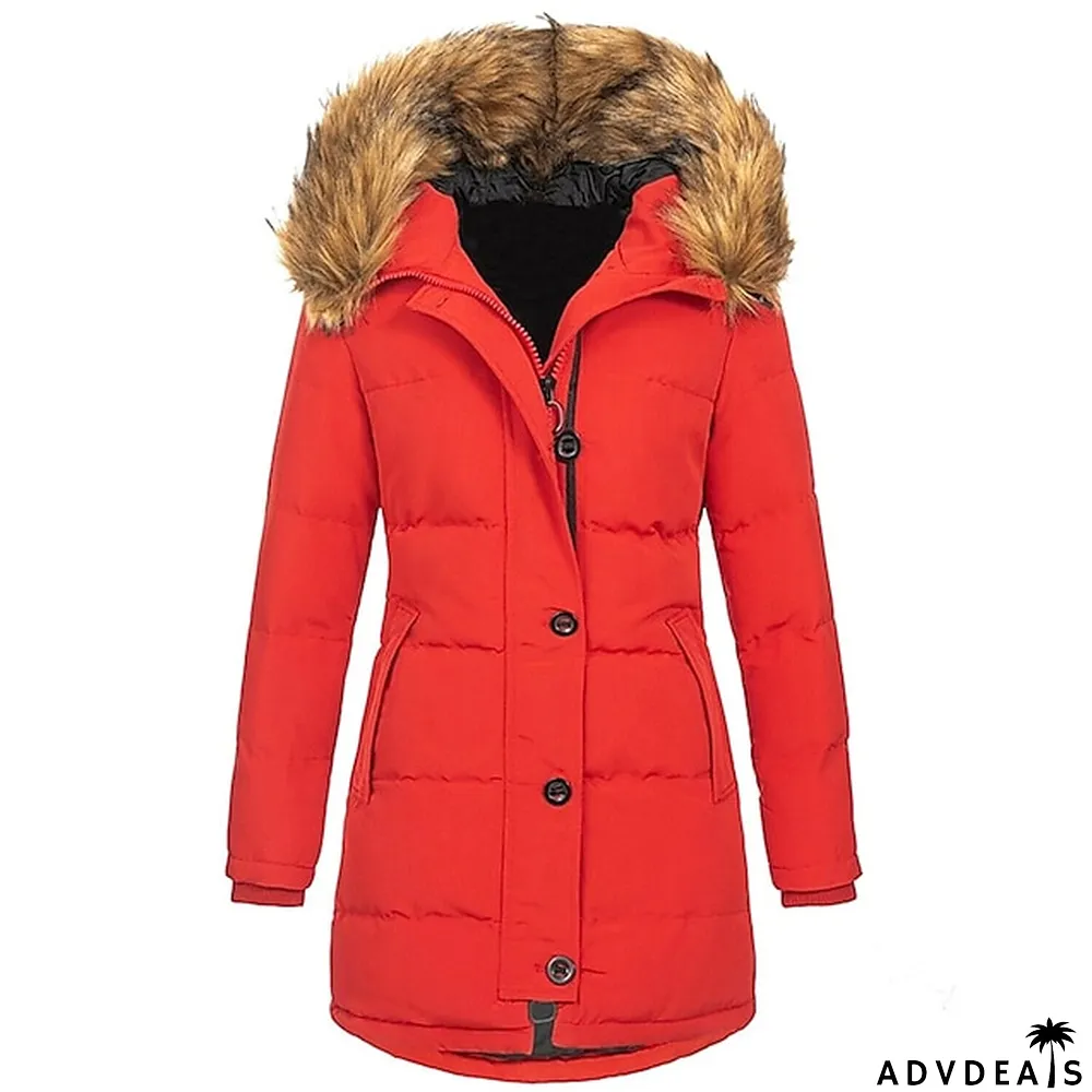 Women's Parka Thicken Puffer Jacket Fleece Winter Coat with Fur Collar Fall Warm Windproof Hooded Jacket Stylish Casual Street Jacket with Pockets Long Sleeve Black White Red