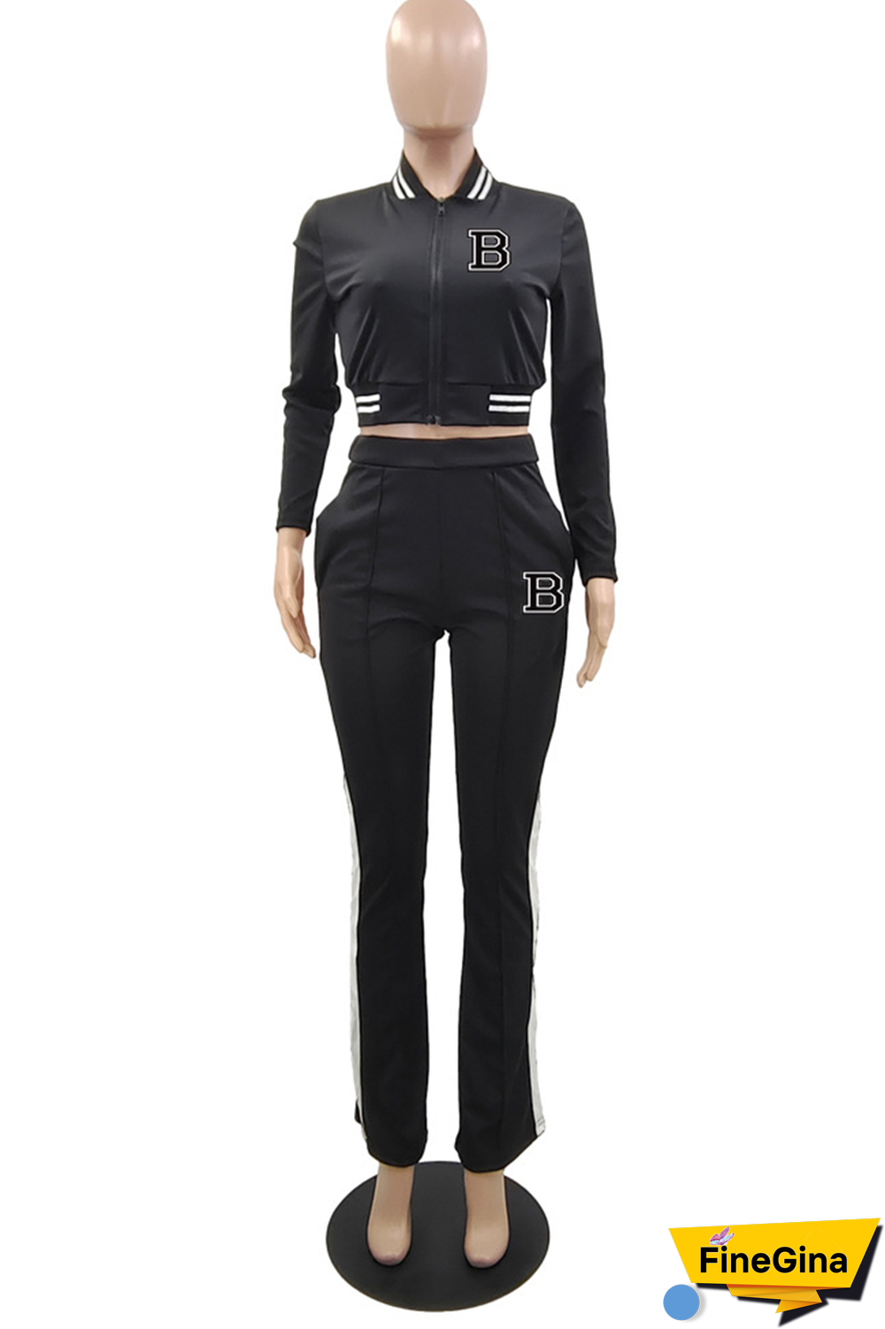 Black Street Print Patchwork Mandarin Collar Long Sleeve Two Pieces