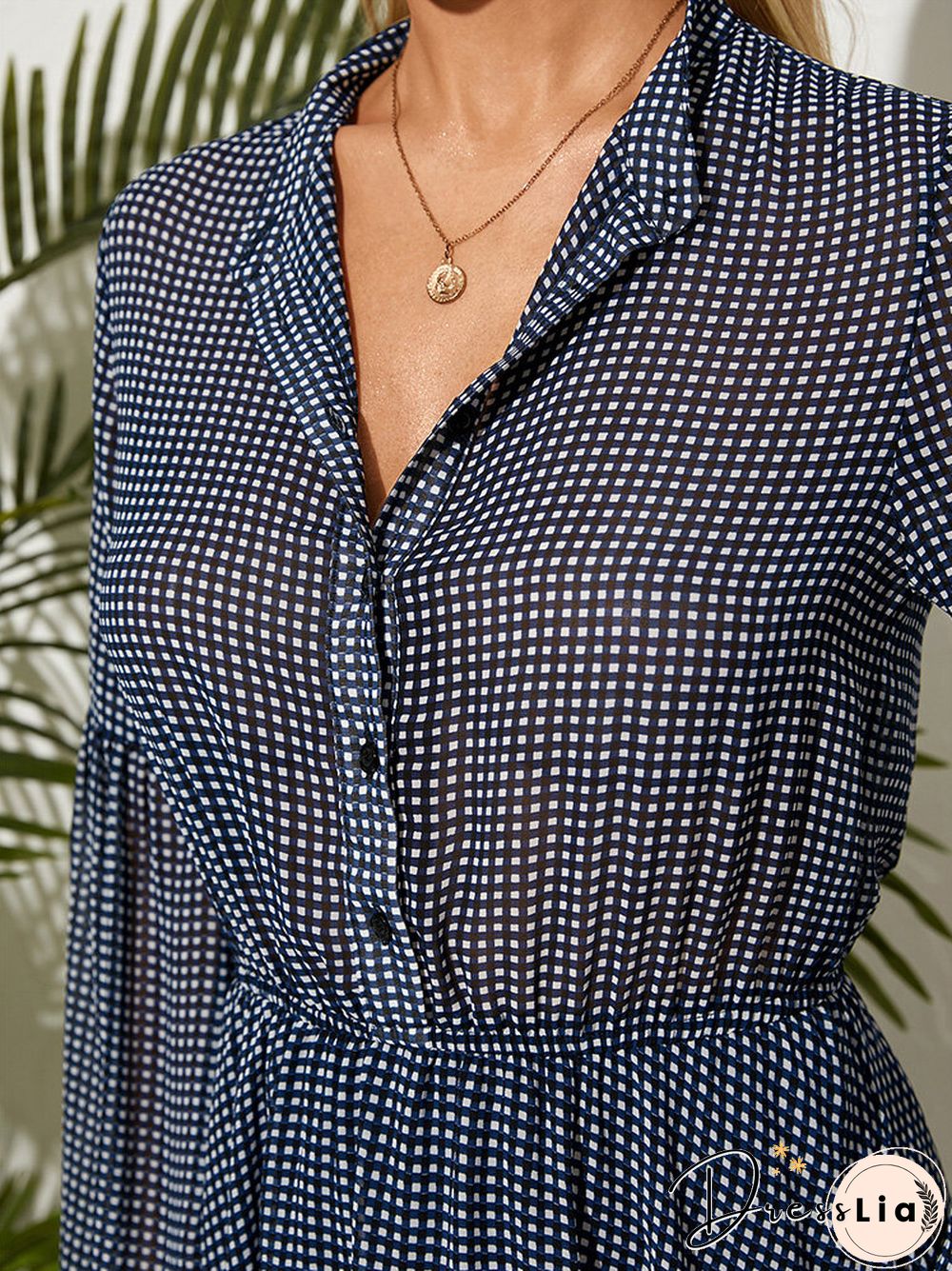 Plaid Check Print Button Lapel Long Sleeve Dress