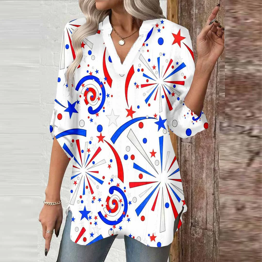 Women  Independence Day, Star, Striped, Blue, Red DZGA0236 3/4 Sleeve V-neck Printed Graphic Button Tops