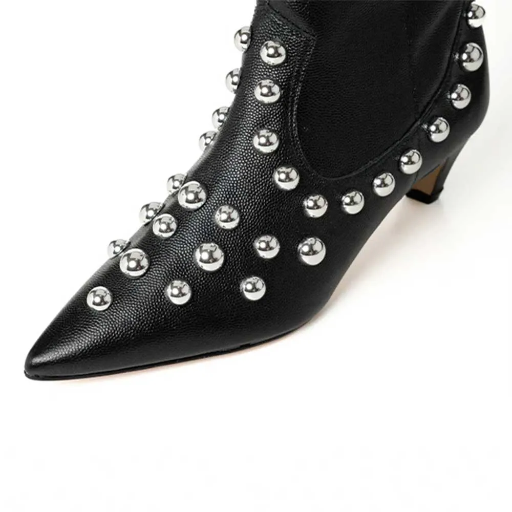 Black Pointed Toe Side Zipper Short Boots for Women with Studded