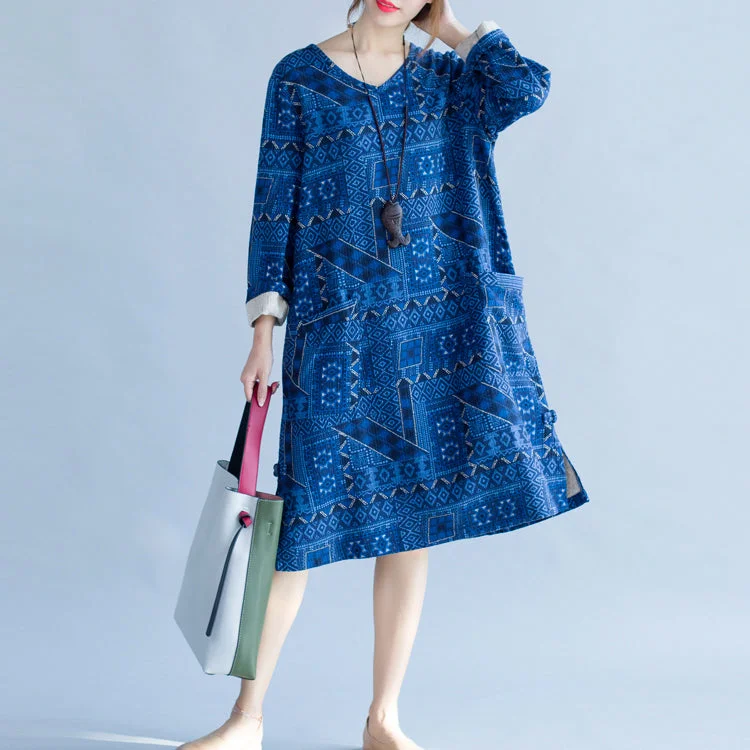 stylish blue print cotton dress trendy plus size holiday dresses New long sleeve baggy V neck side open cotton dress