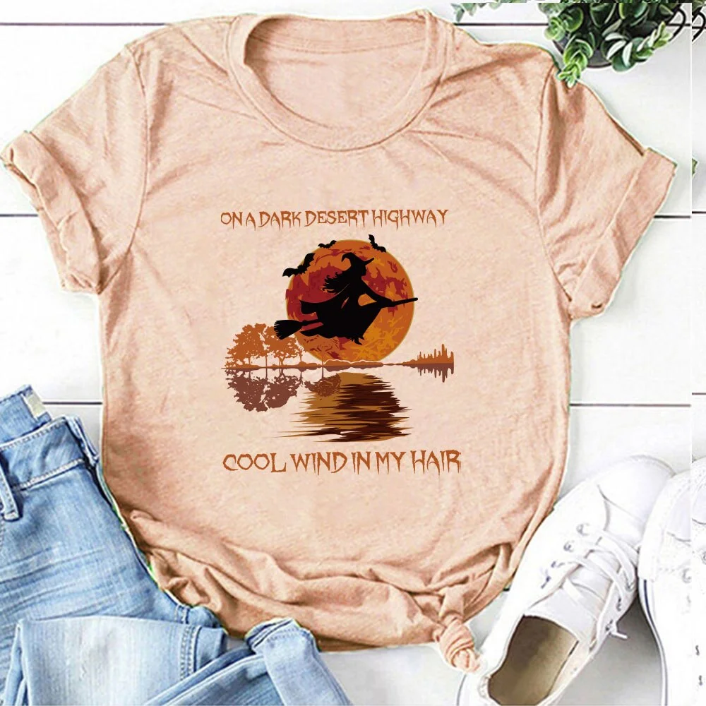 On A Dark Desert Highway Witch Printing Halloween T-shirts Women Summer Aesthetic Clothes Loose Crew Neck Graphic Tee Streetwear