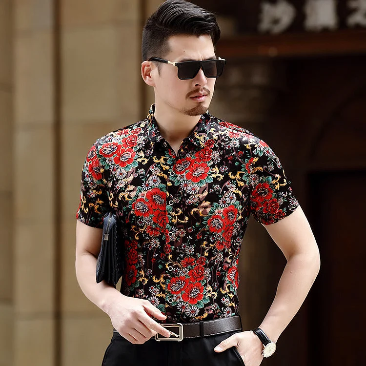 Transparent Shirt for Men Summer Shirt Hollow-out Half-Sleeved Flower Shirt