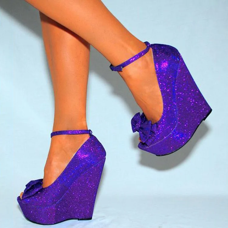 Purple Glitter Wedge Heels Ankle Strap Peep Toe Bow Platform Pumps |FSJ Shoes