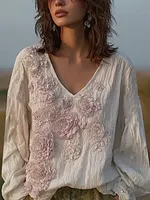 Bohemian Style Pink Floral Design V-neck Long-sleeve Top