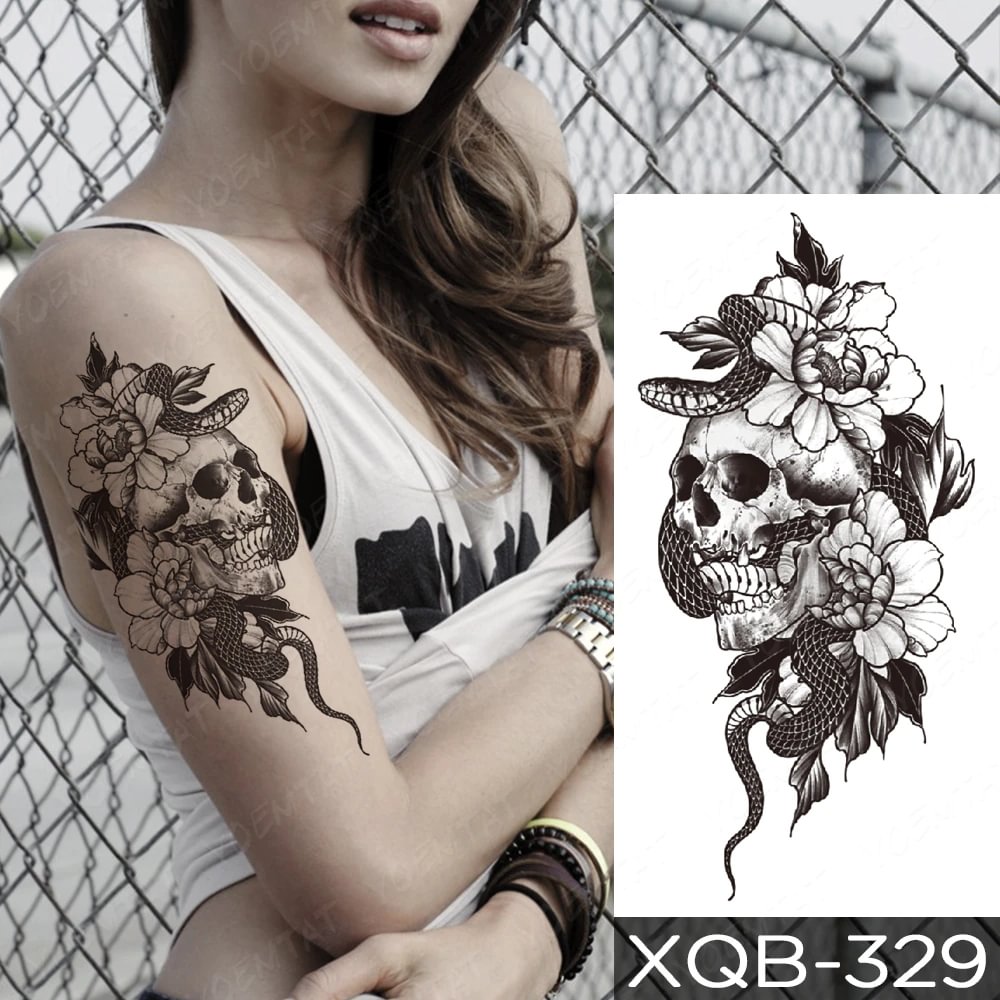 Gingf Waterproof Temporary Sleeve Tatooo Sticker Peony Flower Snake Skull Demon Tattoo Arm Body Art Fake Tatoo Man Women
