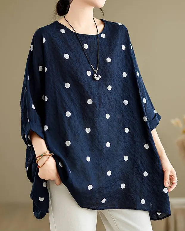 Polka Dot Half Length Sleeve Asymmetric Hem Oversize Top