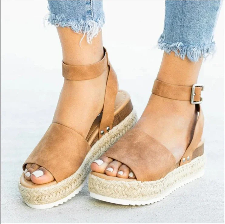 Qengg New Women Casual Sandals Fish Mouth Hemp Rope Platform Wedge Shoes Fashion Round Toe Buckle Leopard Print Beach Flats Plus Size