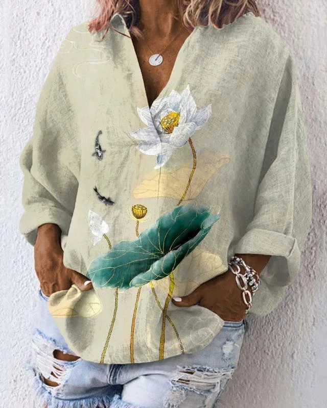 V-neck Loose Long-sleeved Elegant Lotus and Linen Blouse