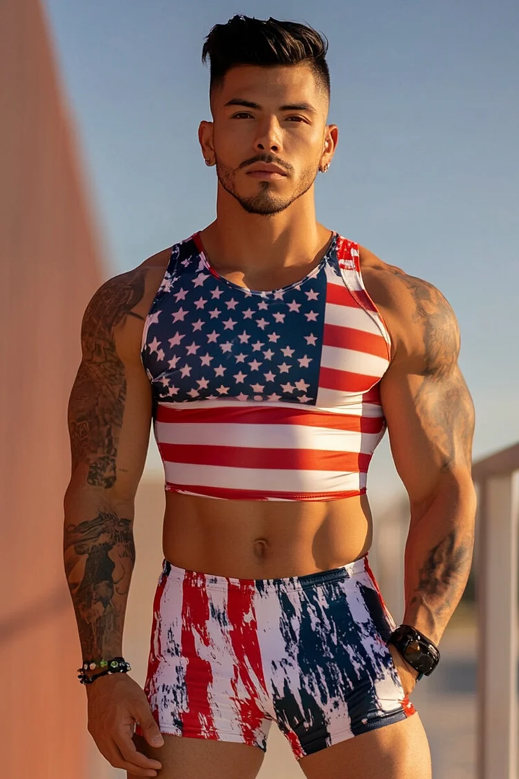 Men's USA Flag Print Crop Tank Top Shorts Festival Two Piece Set [Pre-Order]