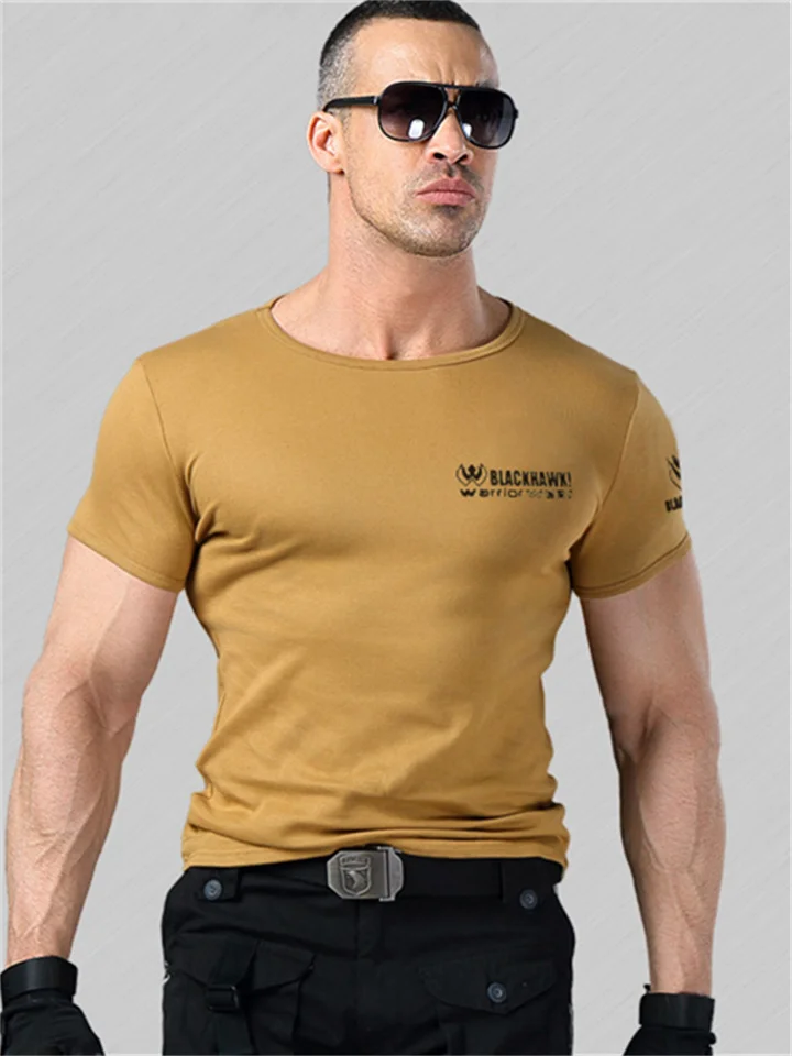 Round Neck Short Sleeve Tight T-shirt Stretch Men's Cotton Fitness Half Sleeve Military Fan T-shirt | 168DEAL