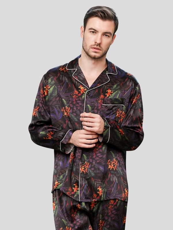 22 MOMME Pyjama en soie noir imprimé fleuri homme 1