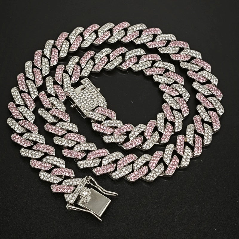 Qianshimei New 14mm Encryption Color Half Blue Half Pink Dragon Beard Buckle Flip Rhombus Cuban Chain Hip Hop Necklace