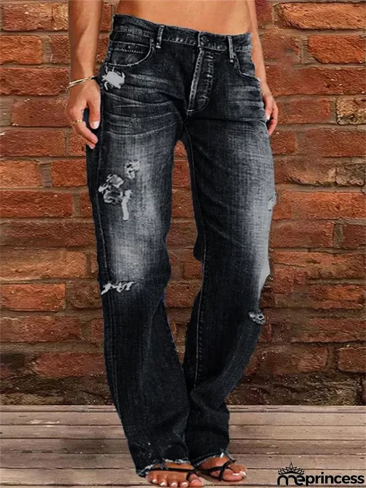 Stylish Leisure Hole Fray Denim Female Trousers