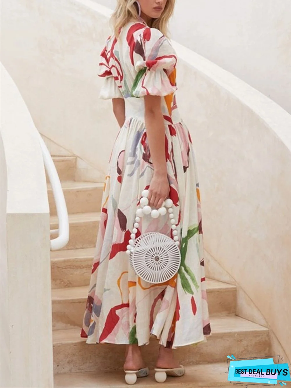 V-Neck Elegant Slim Print Dress