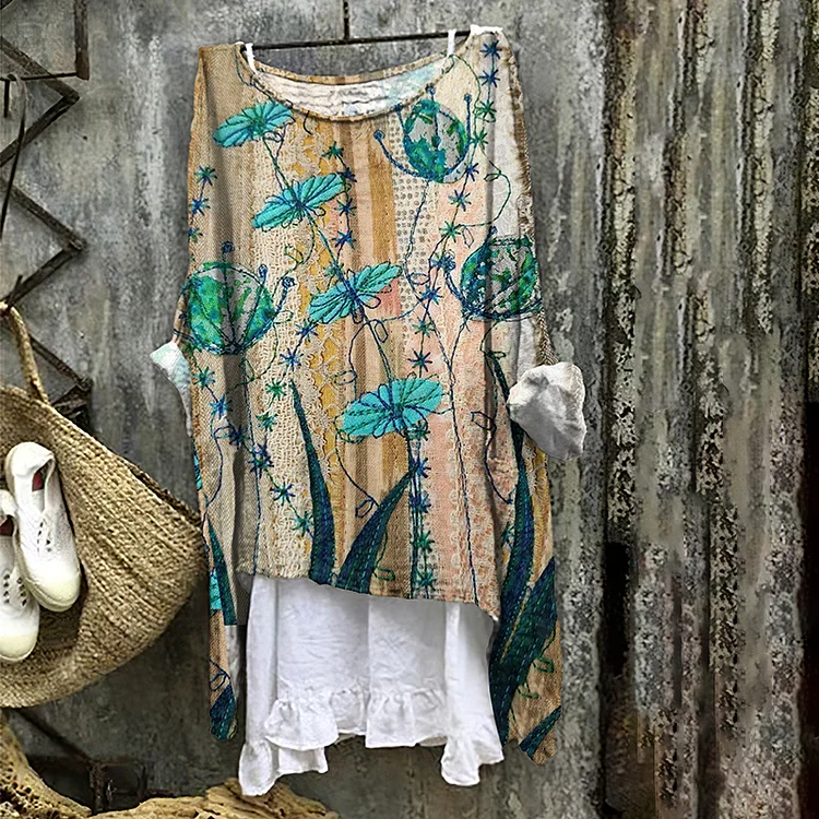 Vintage Flora Embroidery Art Linen Blend Blouse