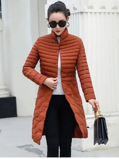 Jangj Long Down Padded Jacket New Winter Parkas Plus Size Lightweight Women's Abrigos Korean Quilted Jacket Stand Collar Overcoat