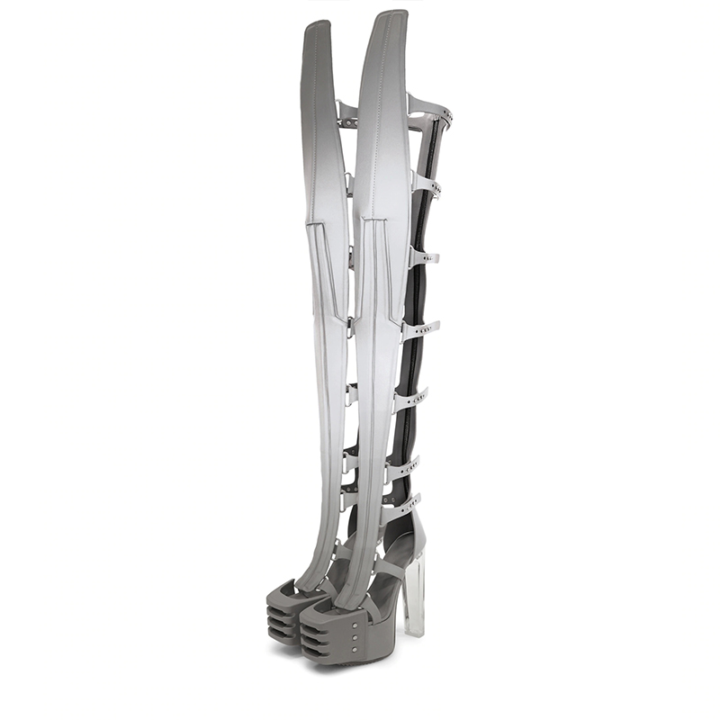 Fashion Grey Square Toe Buckle Strap Platform Thigh High Boots