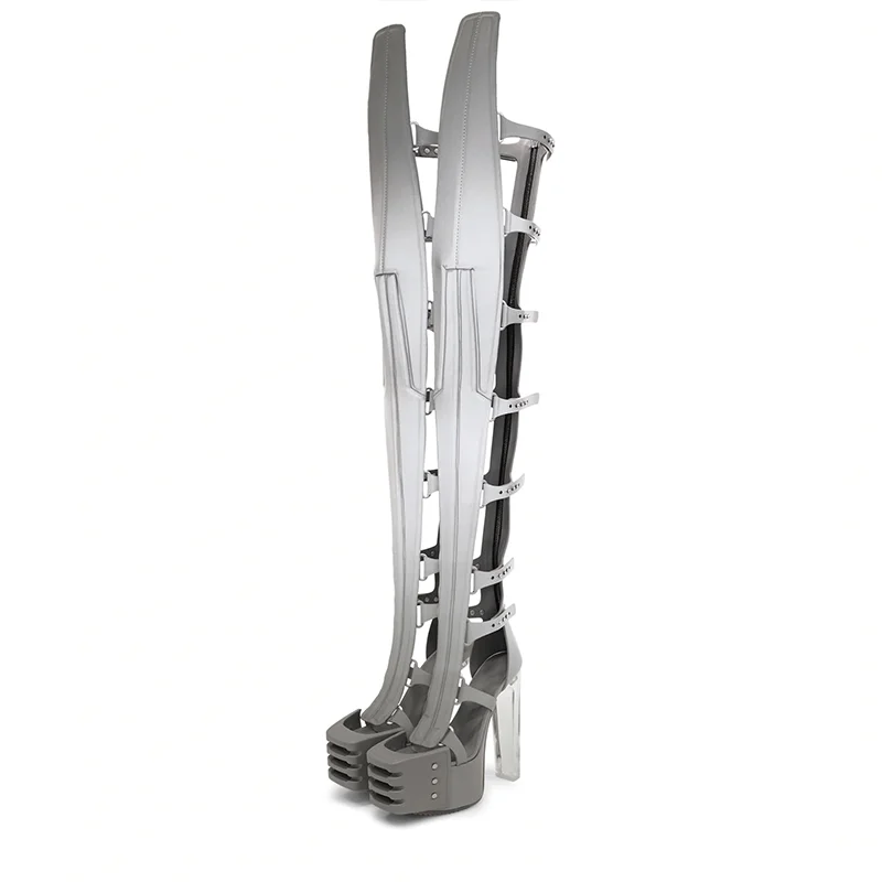 Fashion Grey Square Toe Buckle Strap Platform Thigh High Boots