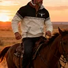 💥 2025 Hot Sale!Men's Western Fleece Jacket Cowboy Bull Head Print Pullover 1/4 Zip Stand Collar LongSleeve Sweatshirts