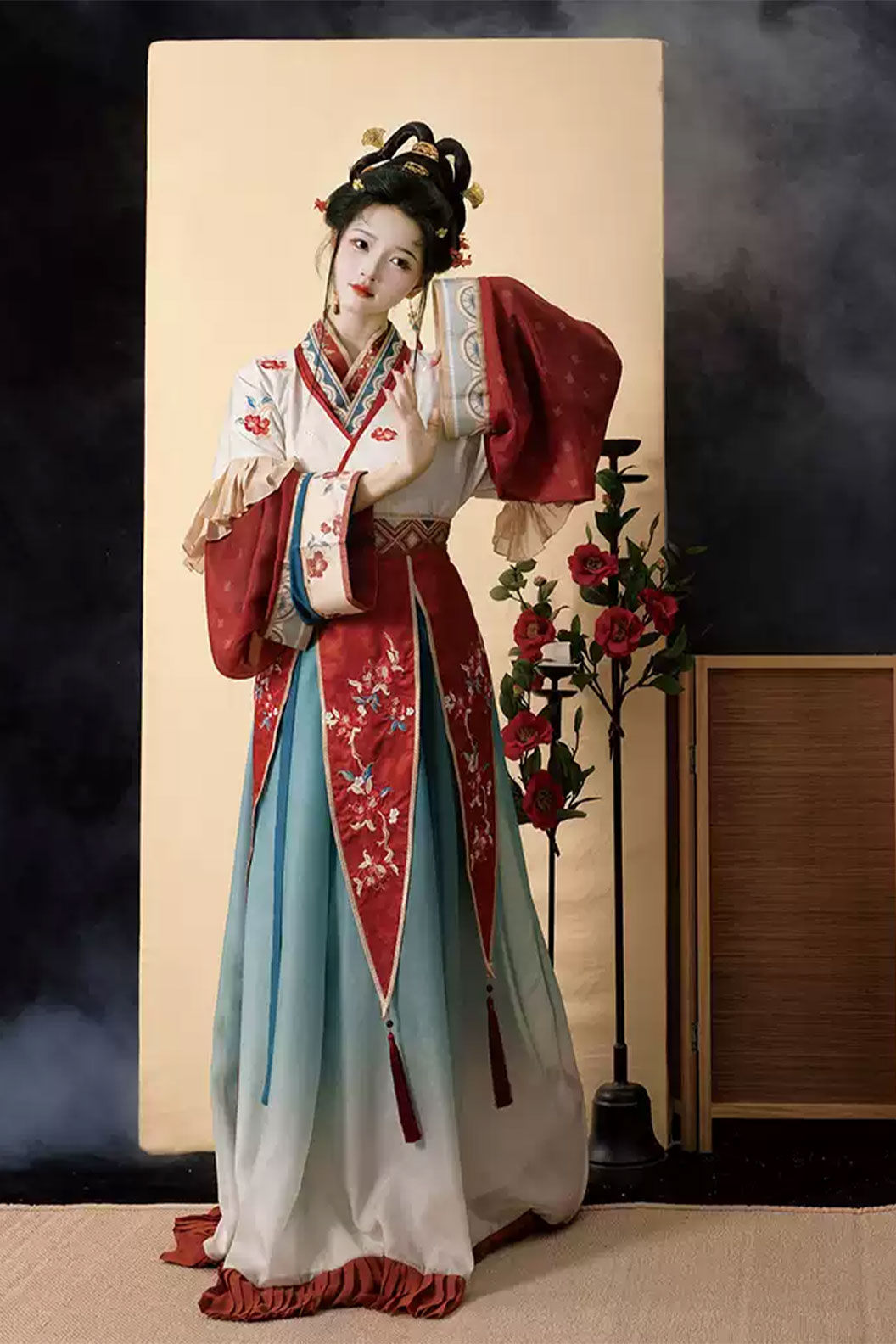 Wei Jin Dynasty Red Hanfu Dress with Traditional Embroidery and Cross Collar - miaoyu 妙玉 Stupa Stones