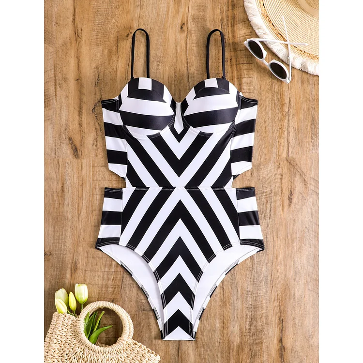 Geometric Print One-piece Swimsuit and Sarong