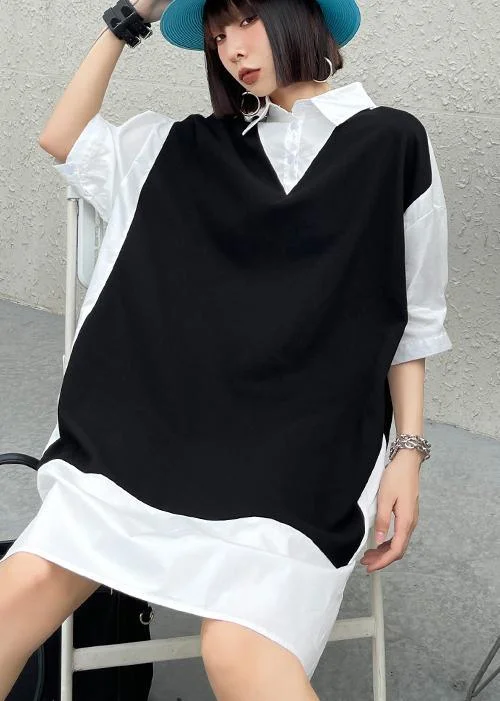 Medium Length Shirt skirt Black And White Splicing Fake Two Piece Dress
