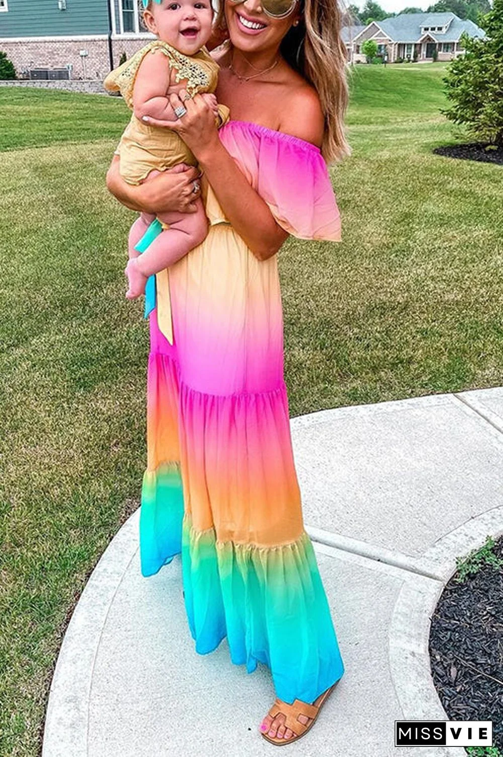 Gradient Off Shoulder Belted Maxi Dress