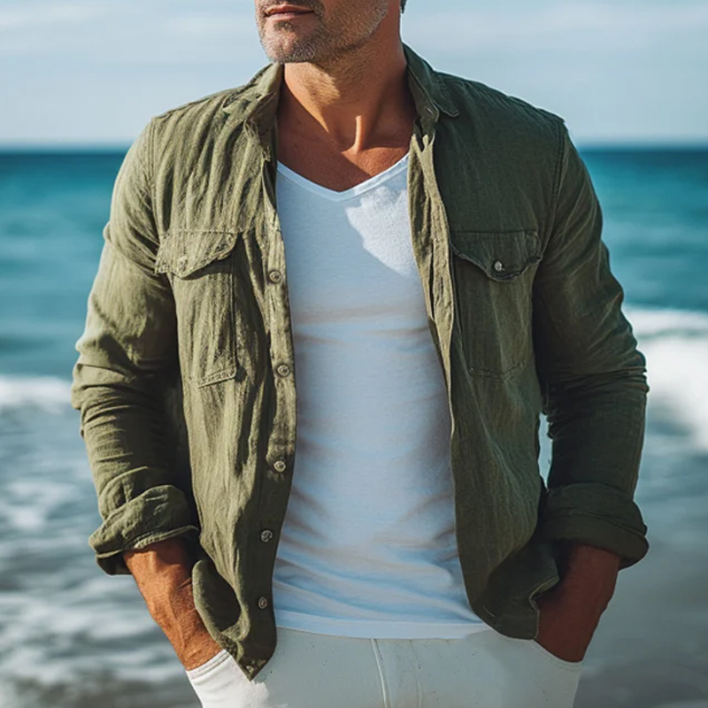 Men's Spring And Autumn Army Green Cotton And Linen Long Sleeve Shirt