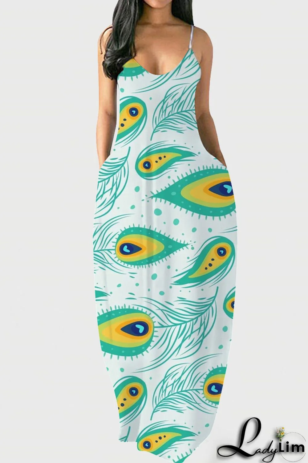 Tibetan Blue Fashion Sexy Print Backless Spaghetti Strap Long Dress