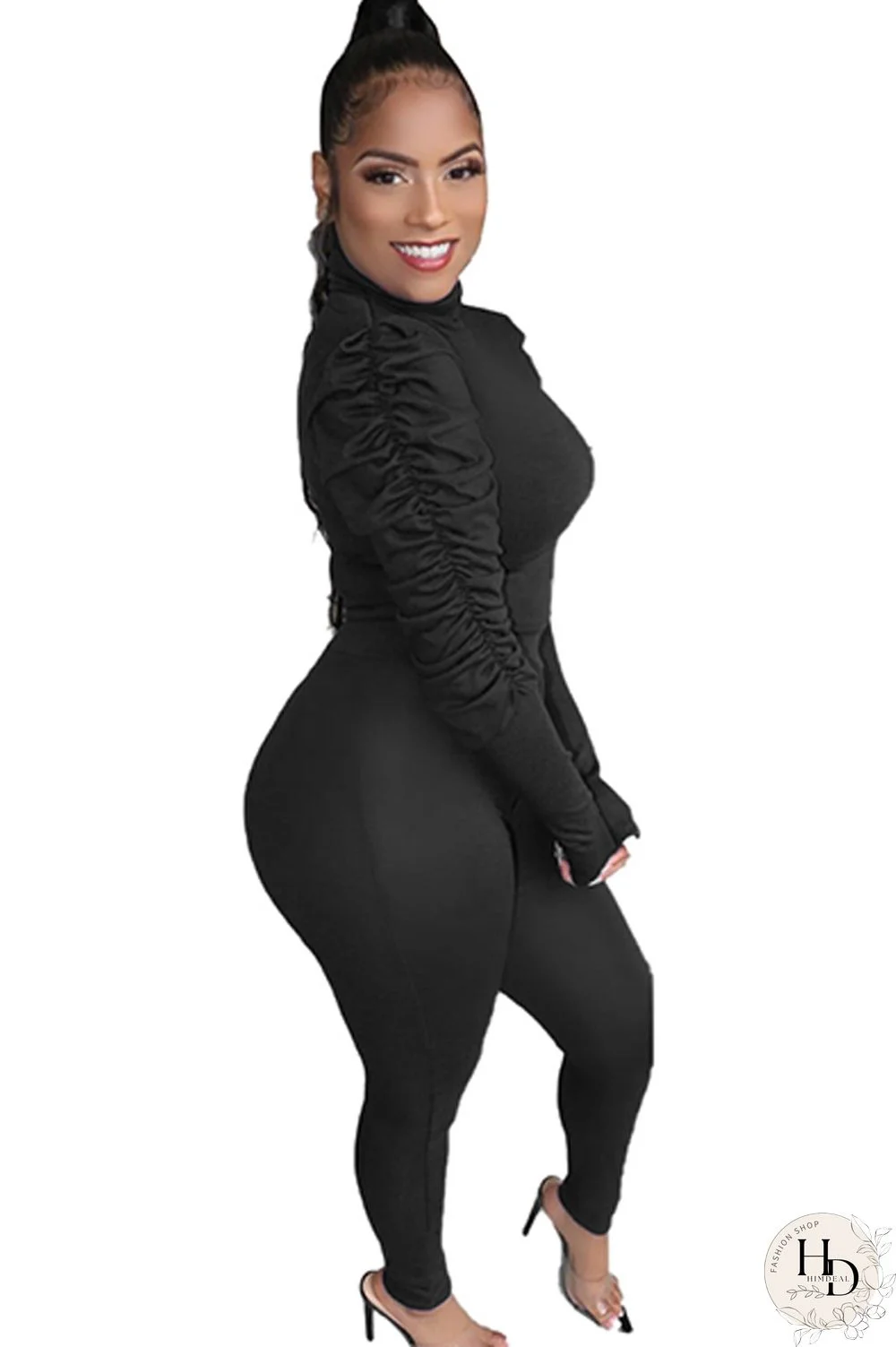 Black Polyester Casual Two Piece Suits Solid pencil Long Sleeve Two-piece Pants Set