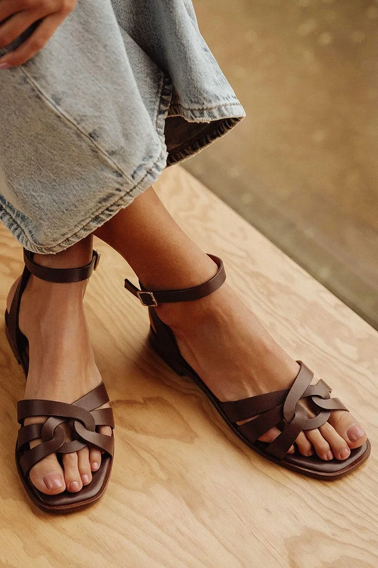 Twisted Square Toe Ankle Strap Buckle Dark Brown Sandals [Pre Order]