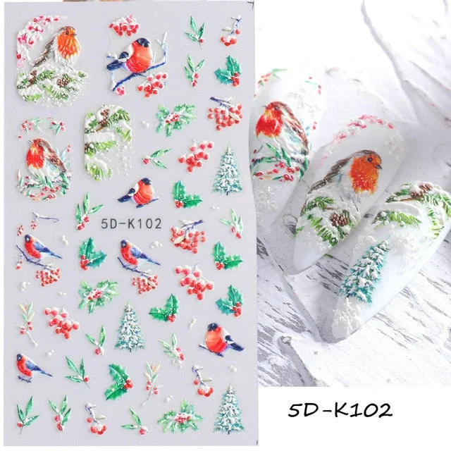 Nail Stickers Embossed 5D Color Christmas Snowflake Snowman Bird Gift Decals Decoration Tips For Beauty Salons-Nail Inspo