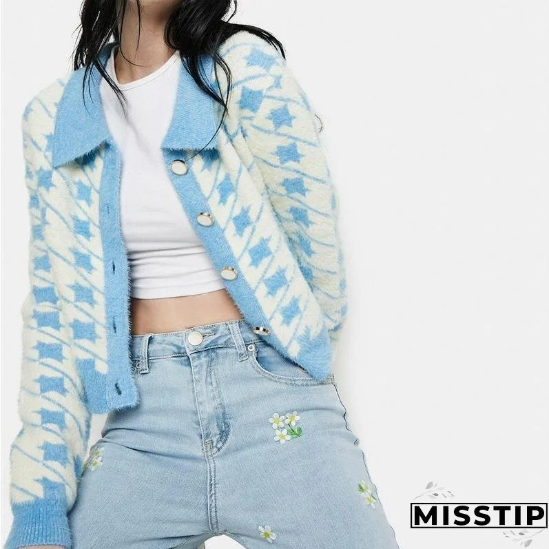 Joskaa Wsevypo Vintage Women Houndstooth Sweaters Coats Classic Long Sleeve Lapel Button-Down Knitted Cardigans Tops Slim Fit Jumpers