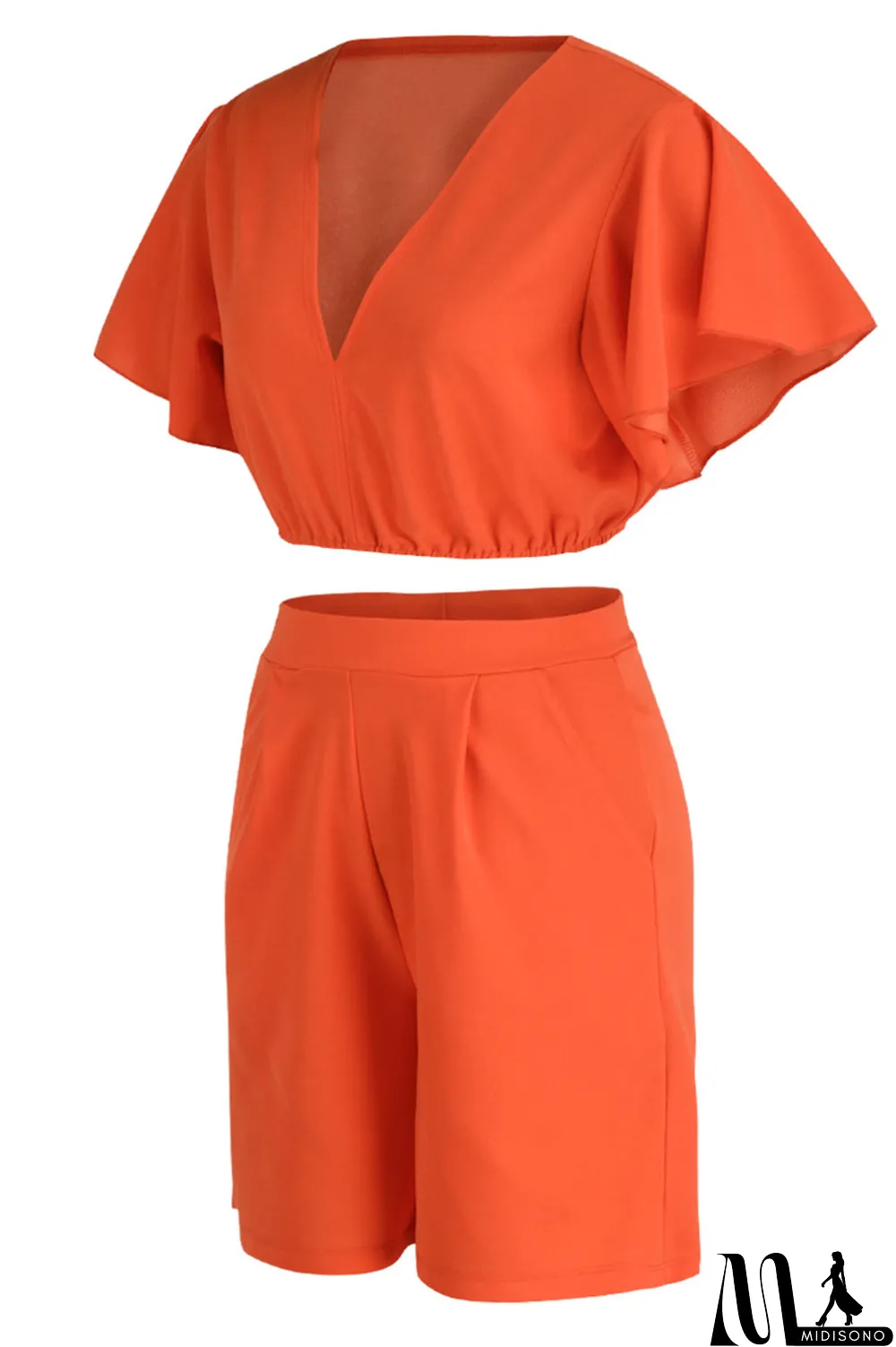 MidiSono - Yellow Casual Solid Patchwork Flounce V Neck Short Sleeve Two Pieces