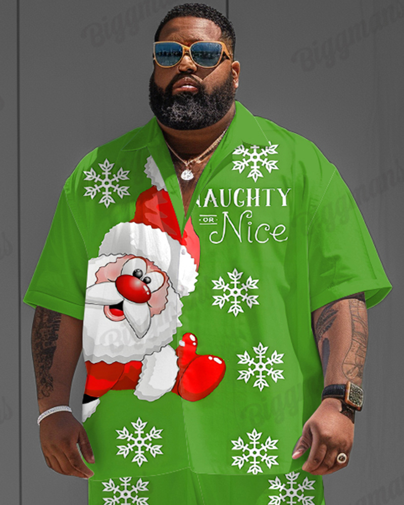 Big Guys Christmas Green Snowflake Santa Print Shirt Shorts Set
