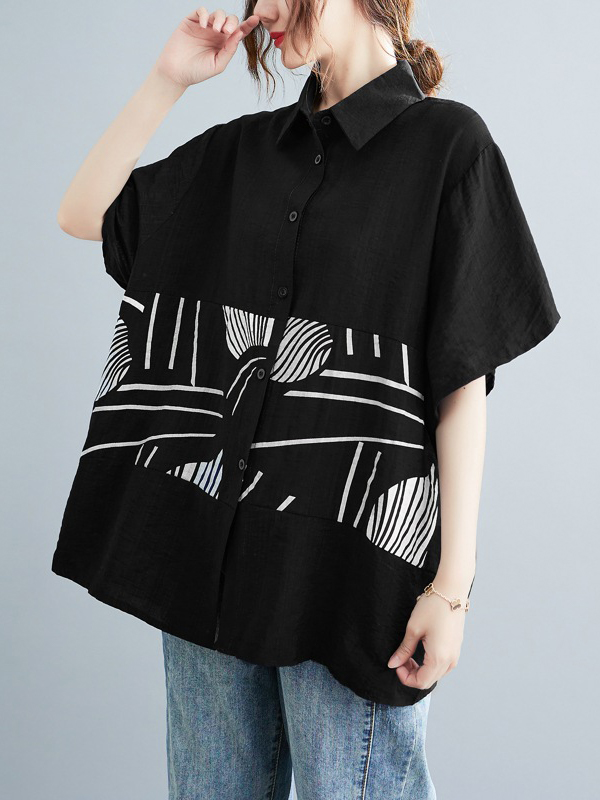 Print Patchwork Short Sleeve Lapel Loose Shirt