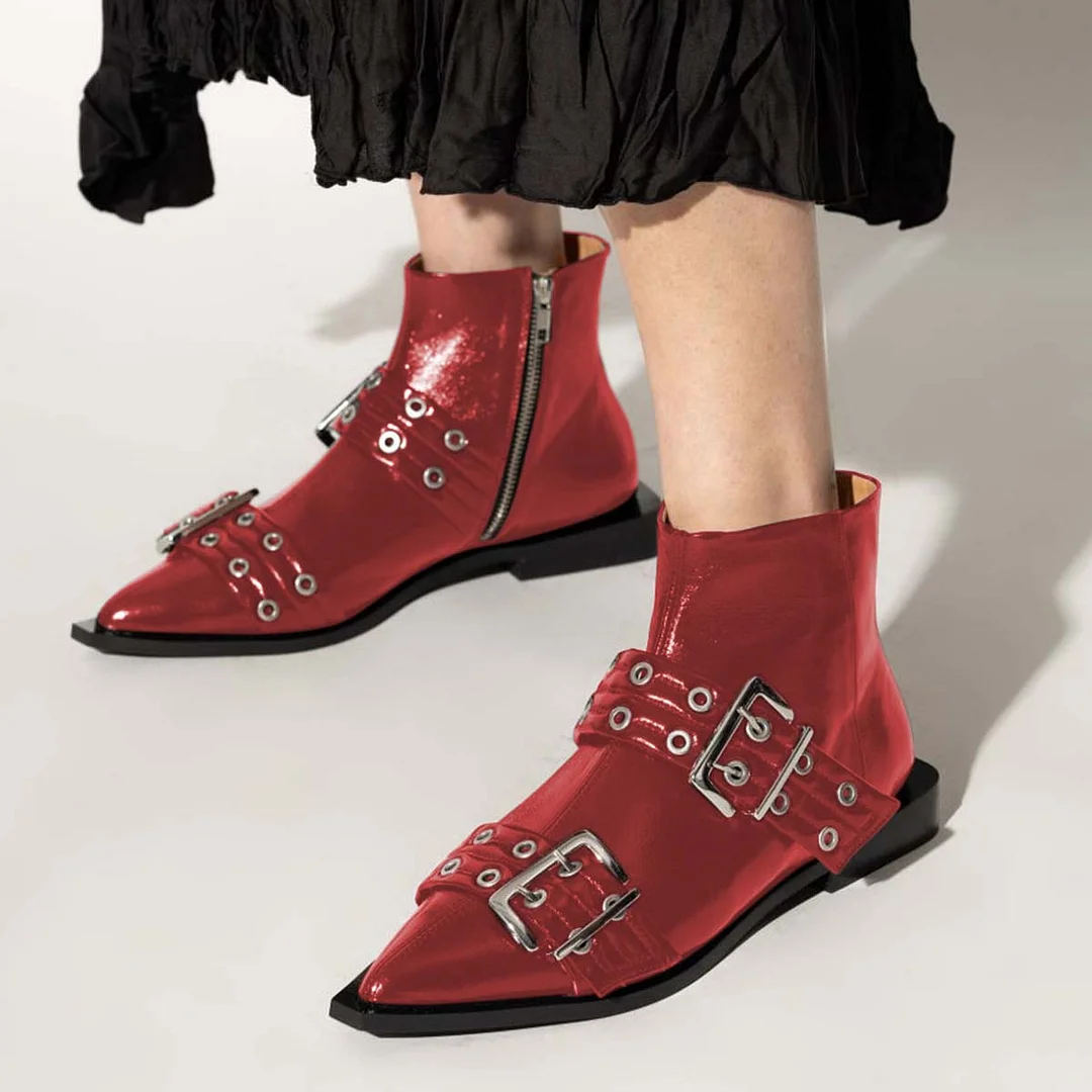 YDN Red Grommets Strap Pointed Toe Flat Short Boots for Women